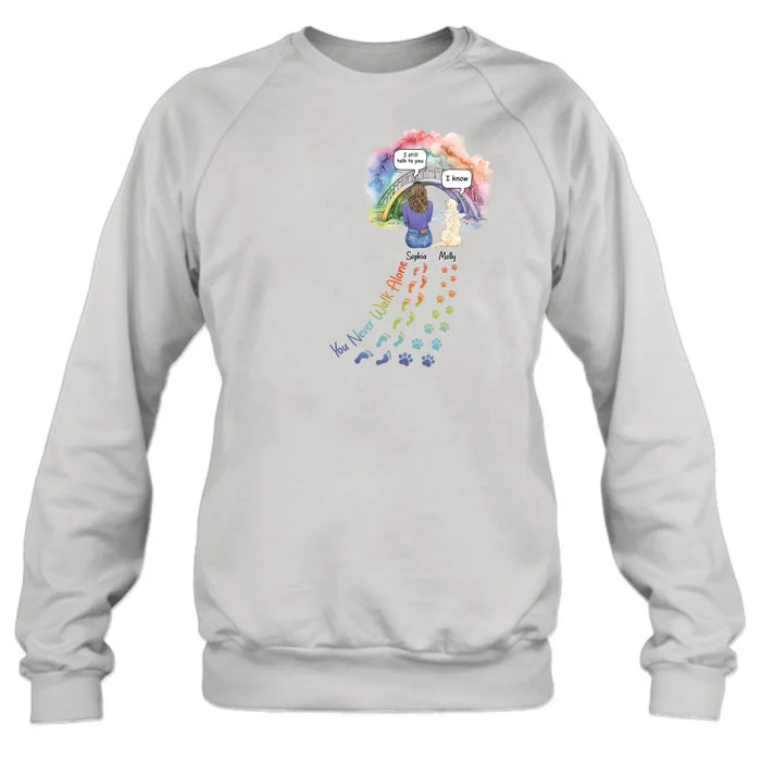 Custom Personalized Rainbow Bridge T-shirt/ Long Sleeve/ Sweatshirt/ Hoodie - Upto 4 Pets -Memorial  Gift Idea For Dog/ Cat/ Rabbit Lover - You Never Walk Alone