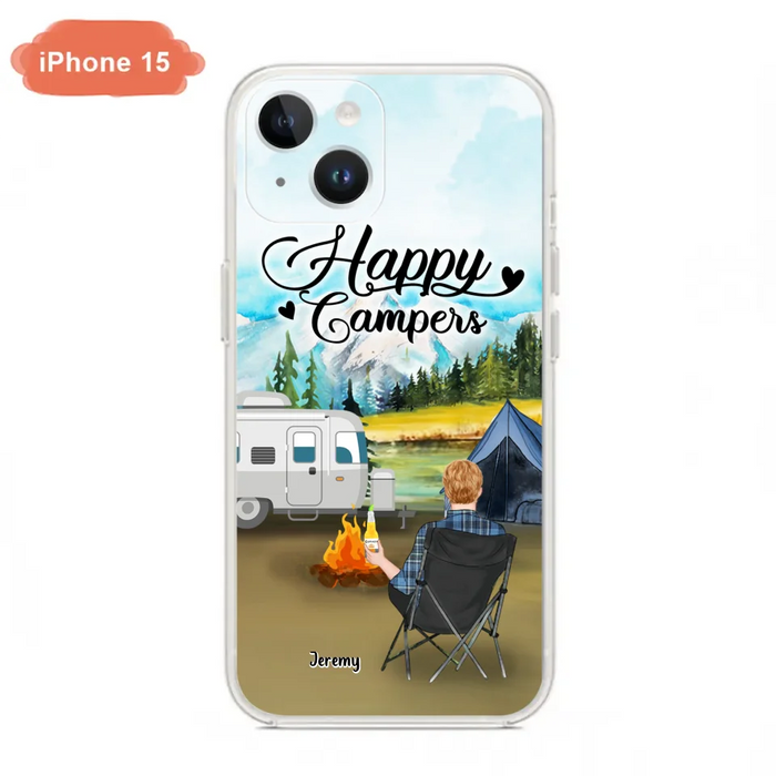 Personalized Camping Phone Case- Single Parent/ Couple With Upto 3 Dogs - Happy Campers - Phone Case For iPhone And Samsung