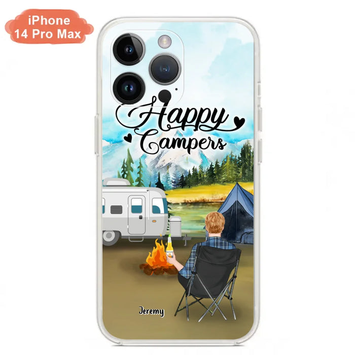 Personalized Camping Phone Case- Single Parent/ Couple With Upto 3 Dogs - Happy Campers - Phone Case For iPhone And Samsung