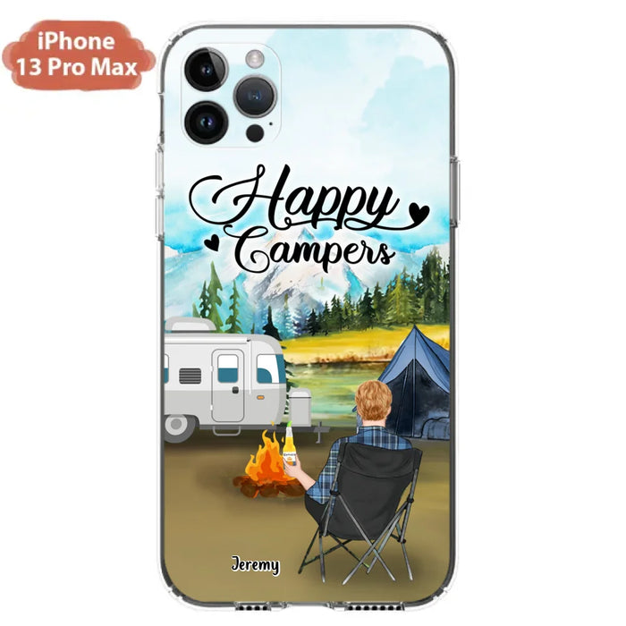 Personalized Camping Phone Case- Single Parent/ Couple With Upto 3 Dogs - Happy Campers - Phone Case For iPhone And Samsung