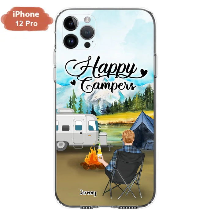 Personalized Camping Phone Case- Single Parent/ Couple With Upto 3 Dogs - Happy Campers - Phone Case For iPhone And Samsung