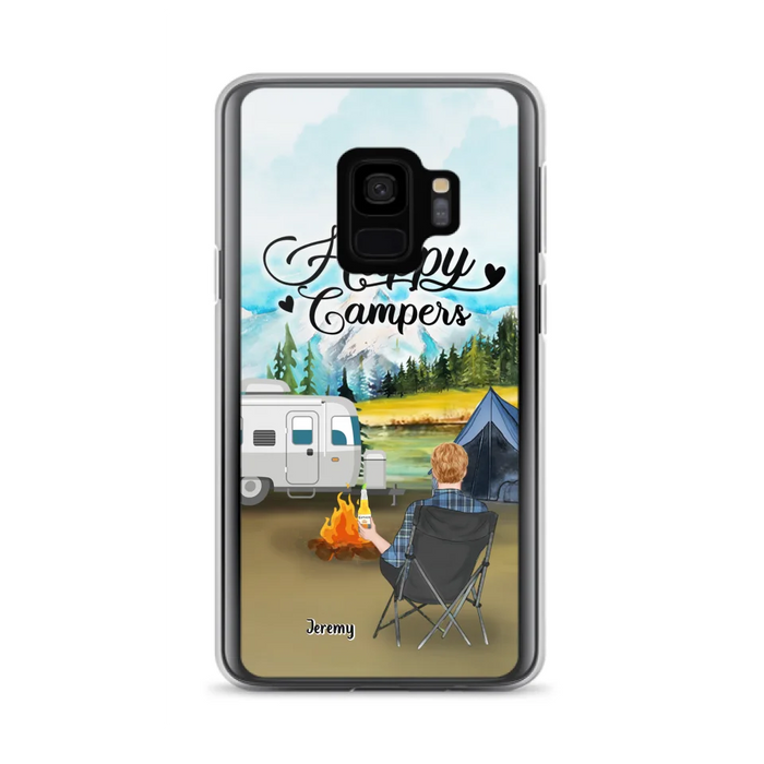 Personalized Camping Phone Case- Single Parent/ Couple With Upto 3 Dogs - Happy Campers - Phone Case For iPhone And Samsung