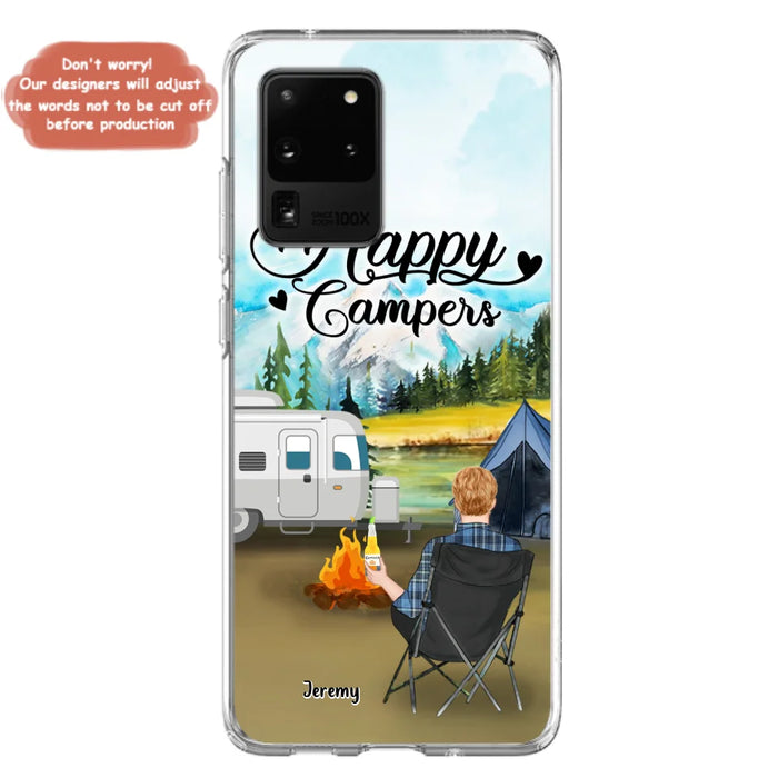 Personalized Camping Phone Case- Single Parent/ Couple With Upto 3 Dogs - Happy Campers - Phone Case For iPhone And Samsung