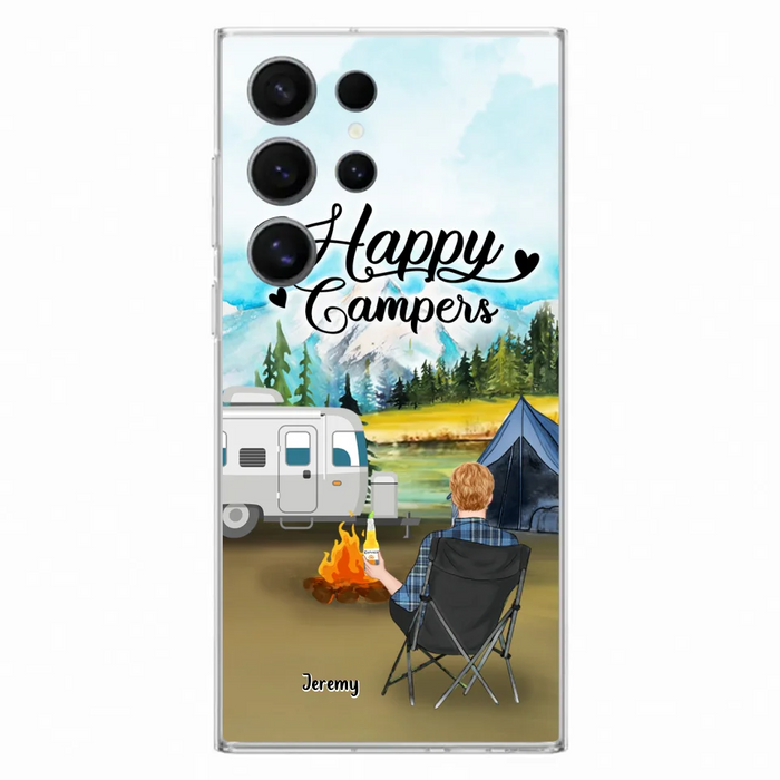 Personalized Camping Phone Case- Single Parent/ Couple With Upto 3 Dogs - Happy Campers - Phone Case For iPhone And Samsung