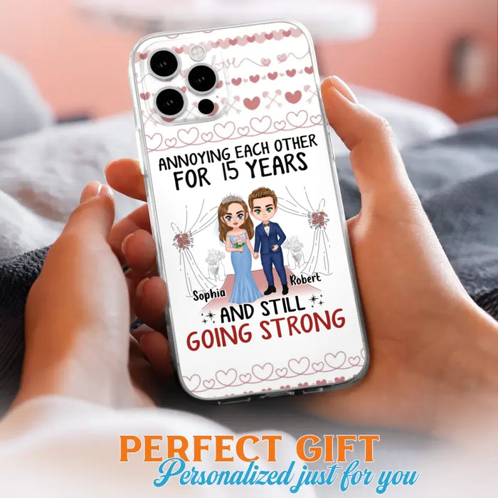 Custom Personalized Chibi Couple Phone Case - Best Gift Idea For Couple/Husband/Father's Day - Annoying Each Other For 15 Years And Still Going Strong - Case For iPhone/Samsung