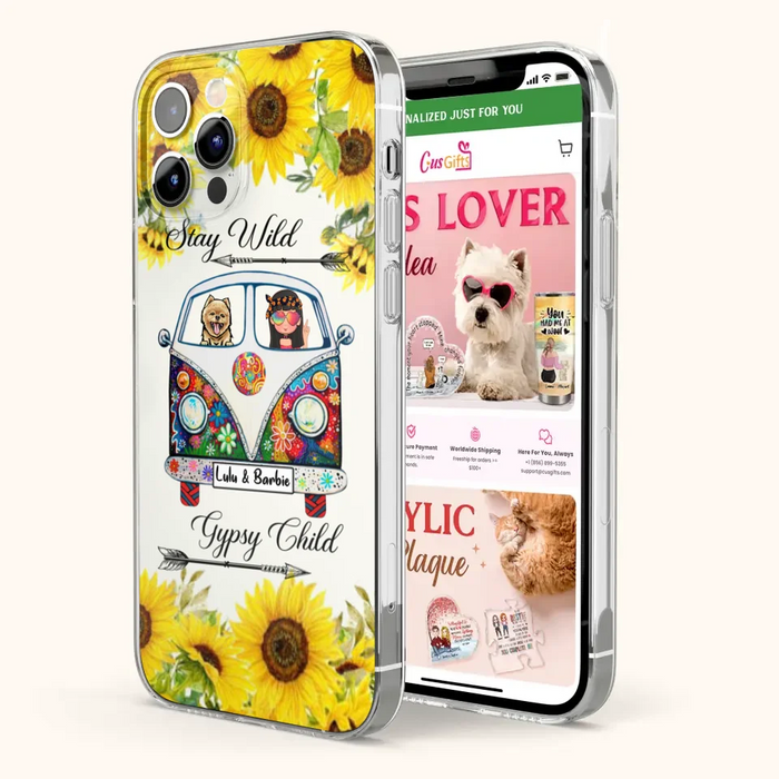 Custom Personalized Hippie Girl Phone Case - Girl with up to 3 Pets - Phone case for iPhone, Samsung and Xiaomi