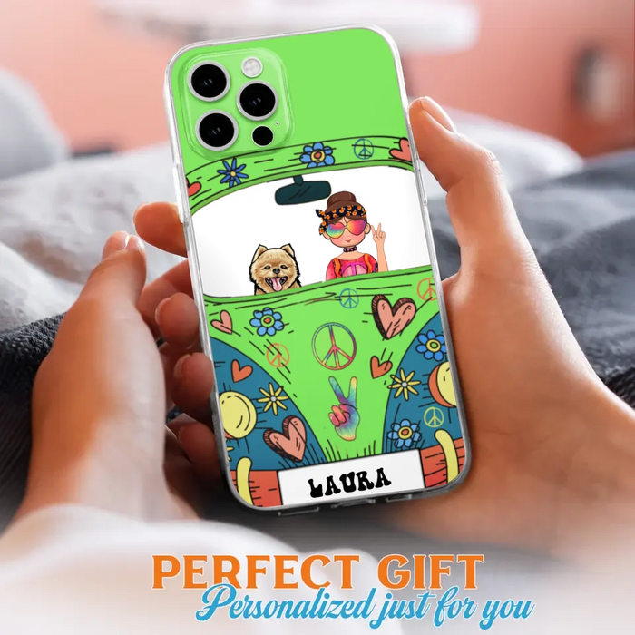 Custom Personalized Hippie Girl Phone Case - Girl with up to 3 Pets - Case for iPhone, Samsung and Xiaomi