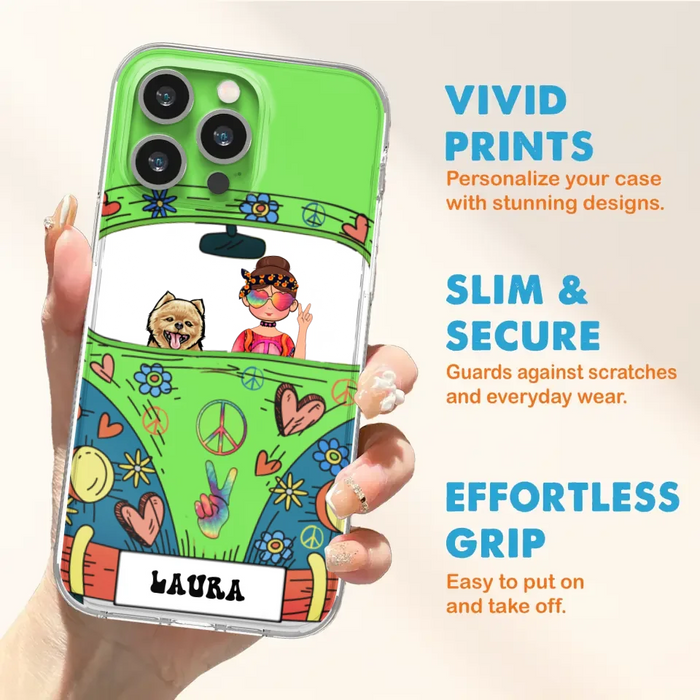 Custom Personalized Hippie Girl Phone Case - Girl with up to 3 Pets - Case for iPhone, Samsung and Xiaomi