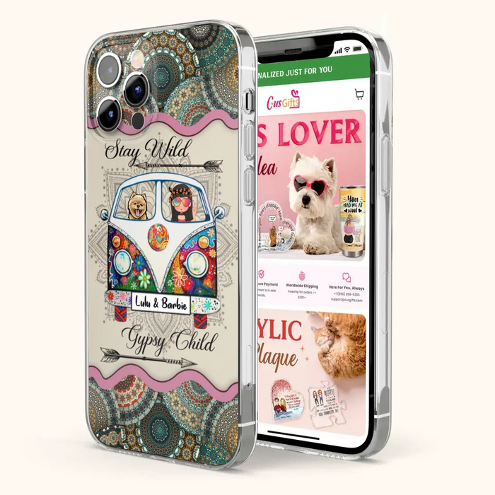 Personalized Hippie Phone Case - Girl with up to 3 Pets - Stay wild gypsy child