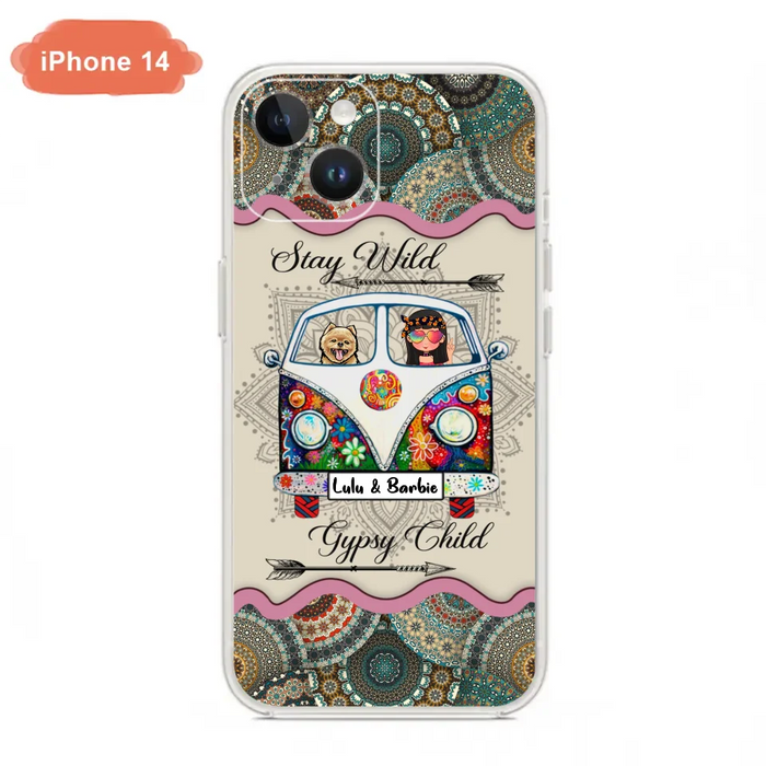 Personalized Hippie Phone Case - Girl with up to 3 Pets - Stay wild gypsy child