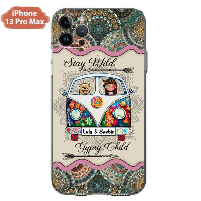 Personalized Hippie Phone Case - Girl with up to 3 Pets - Stay wild gypsy child