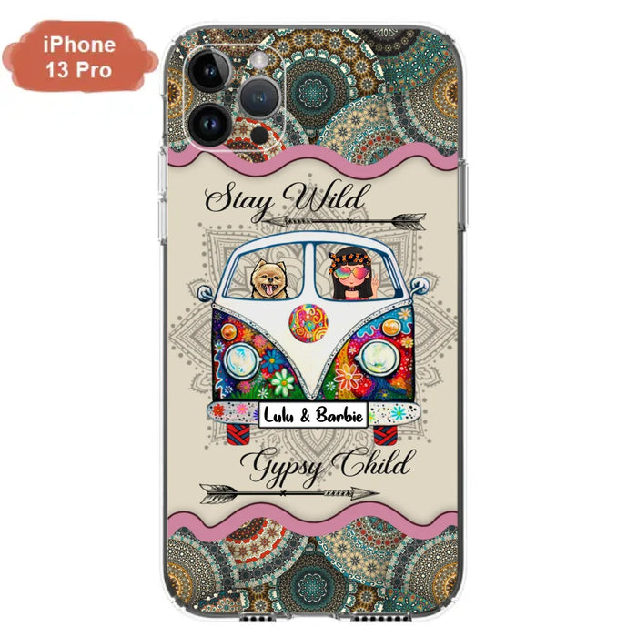 Personalized Hippie Phone Case - Girl with up to 3 Pets - Stay wild gypsy child