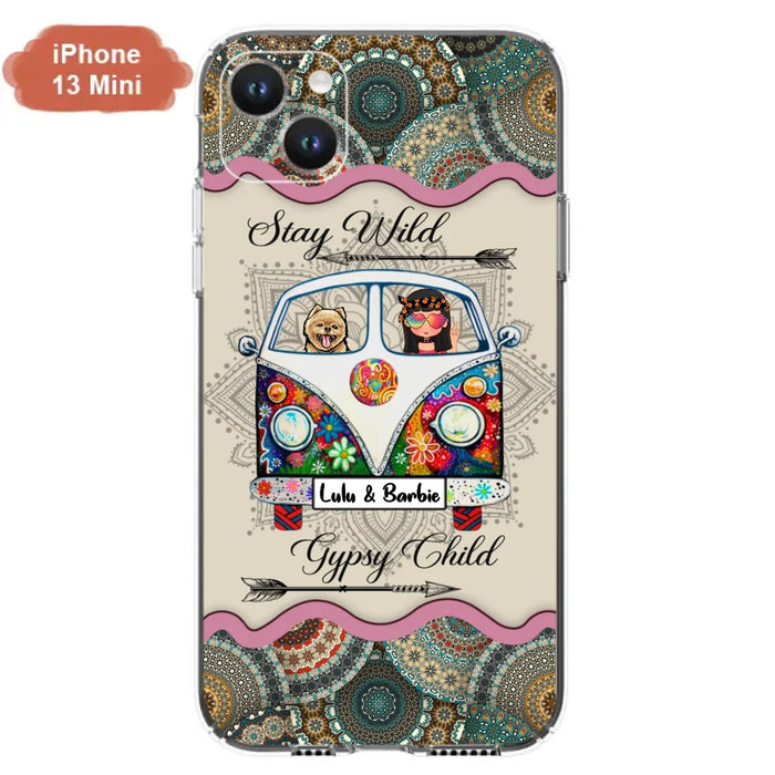 Personalized Hippie Phone Case - Girl with up to 3 Pets - Stay wild gypsy child