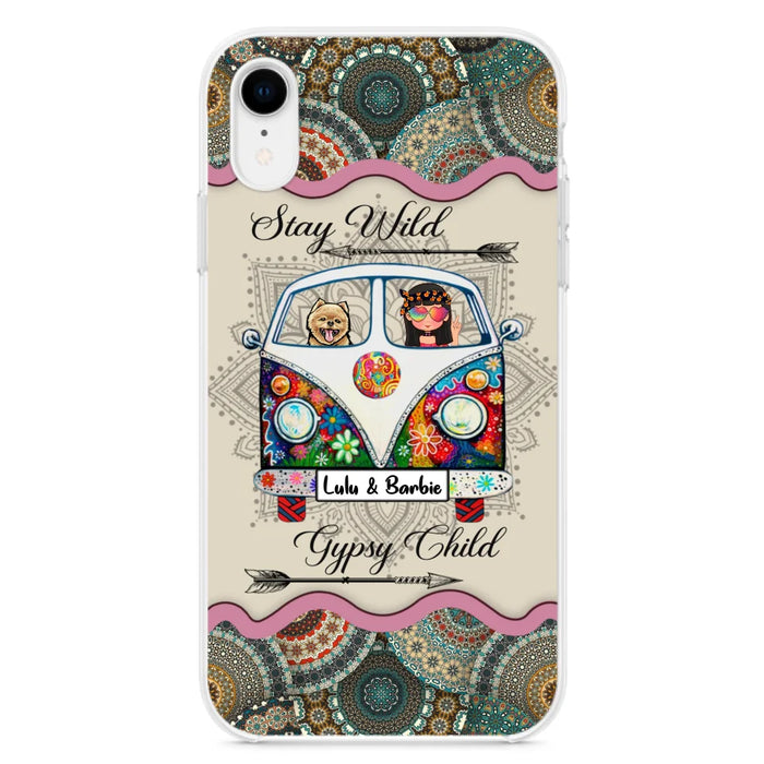 Personalized Hippie Phone Case - Girl with up to 3 Pets - Stay wild gypsy child