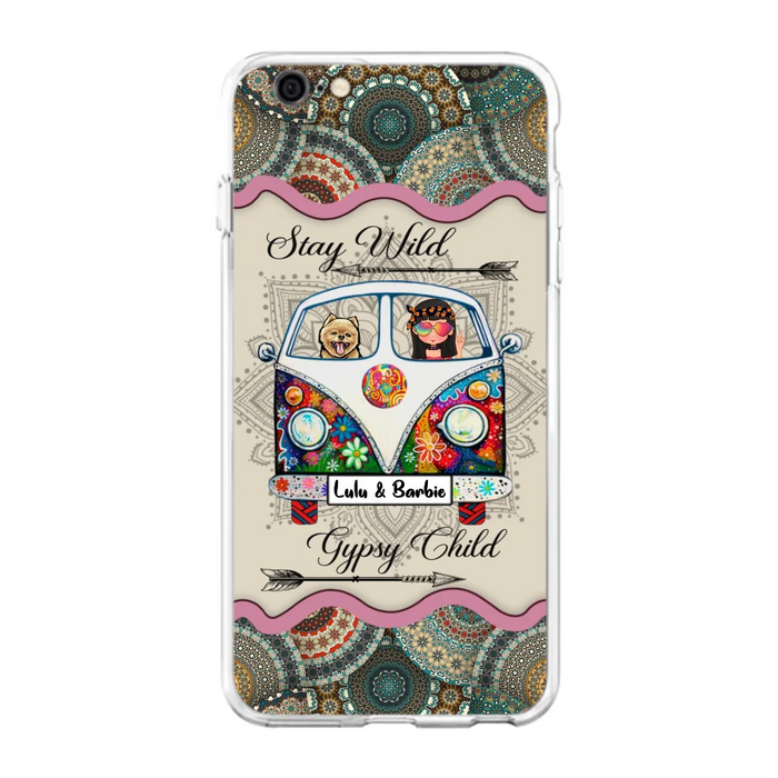 Personalized Hippie Phone Case - Girl with up to 3 Pets - Stay wild gypsy child