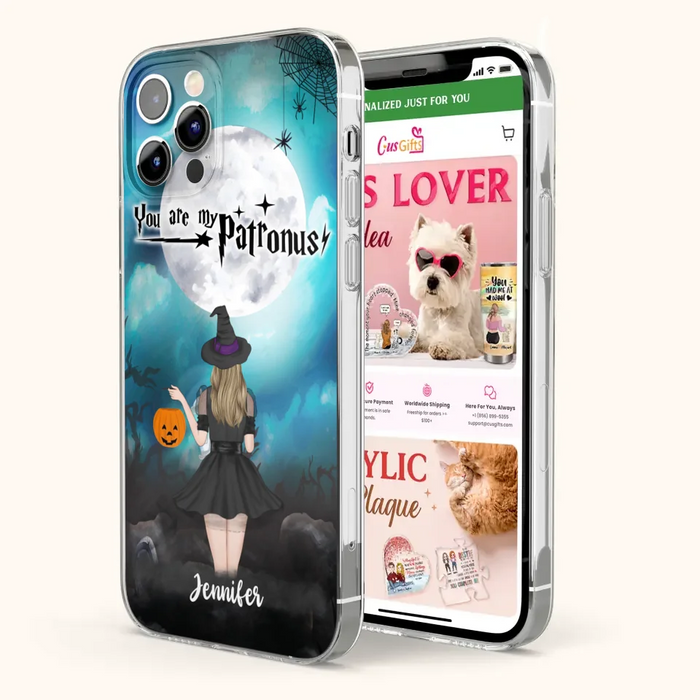 Custom Personalized Halloween Phone Case - Up to 3 Girls and 2 Cats - You Are My Patronus - Wiccan Decor/Pagan Decor