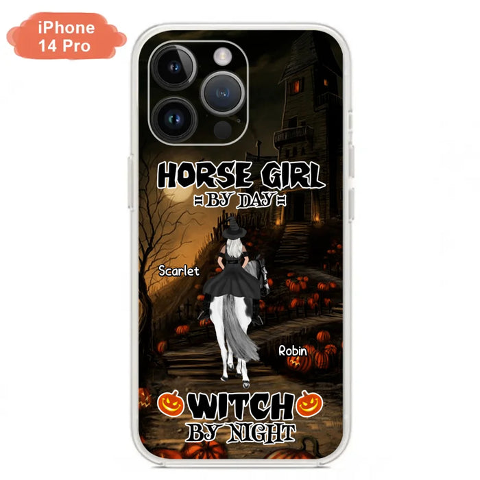 Custom Personalized Witch Riding Horse Phone Case - Halloween Gift For Horse Lovers/ Friends/ Besties - Upto 4 Girls - Horse Girl By Day Witch By Night - Case For iPhone And Samsung