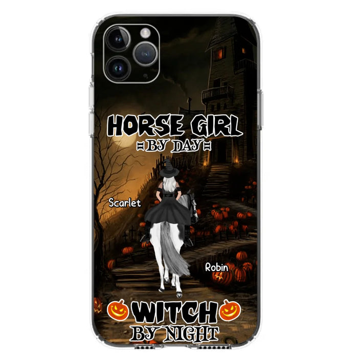 Custom Personalized Witch Riding Horse Phone Case - Halloween Gift For Horse Lovers/ Friends/ Besties - Upto 4 Girls - Horse Girl By Day Witch By Night - Case For iPhone And Samsung