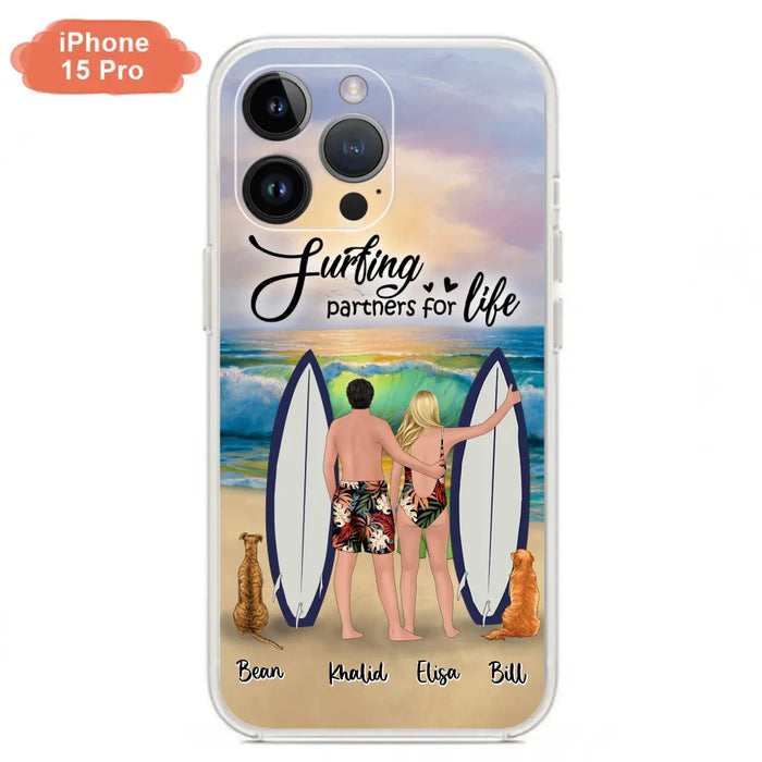 Custom Personalized Surfing Phone Case - Couple And 2 Pets - Phone Case For iPhone and Samsung - Surfing Partners For Life - CCS180