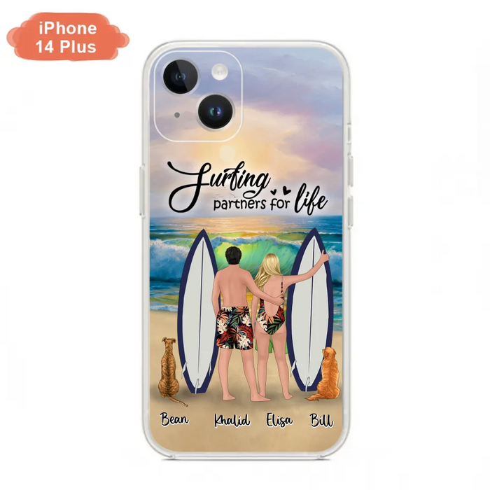 Custom Personalized Surfing Phone Case - Couple And 2 Pets - Phone Case For iPhone and Samsung - Surfing Partners For Life - CCS180