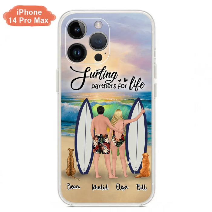 Custom Personalized Surfing Phone Case - Couple And 2 Pets - Phone Case For iPhone and Samsung - Surfing Partners For Life - CCS180