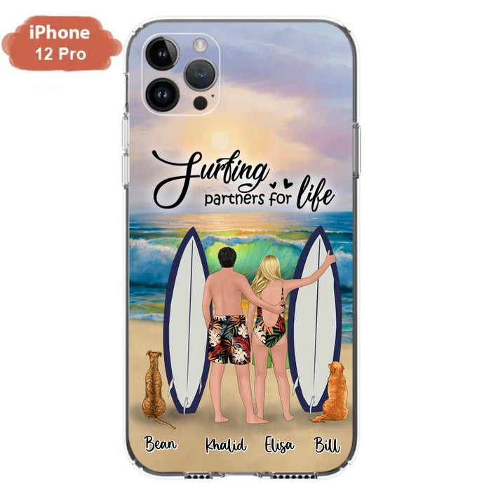 Custom Personalized Surfing Phone Case - Couple And 2 Pets - Phone Case For iPhone and Samsung - Surfing Partners For Life - CCS180