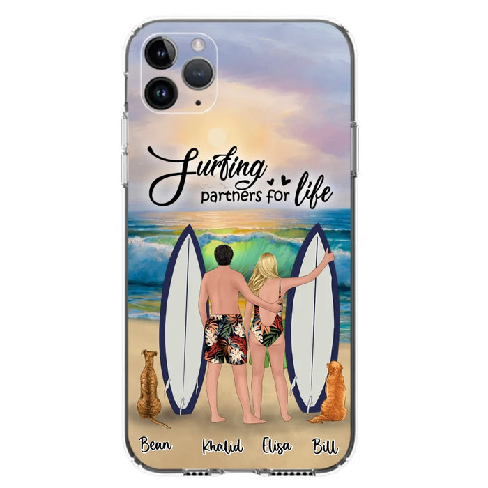 Custom Personalized Surfing Phone Case - Couple And 2 Pets - Phone Case For iPhone and Samsung - Surfing Partners For Life - CCS180