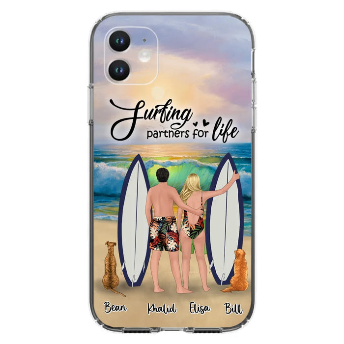 Custom Personalized Surfing Phone Case - Couple And 2 Pets - Phone Case For iPhone and Samsung - Surfing Partners For Life - CCS180