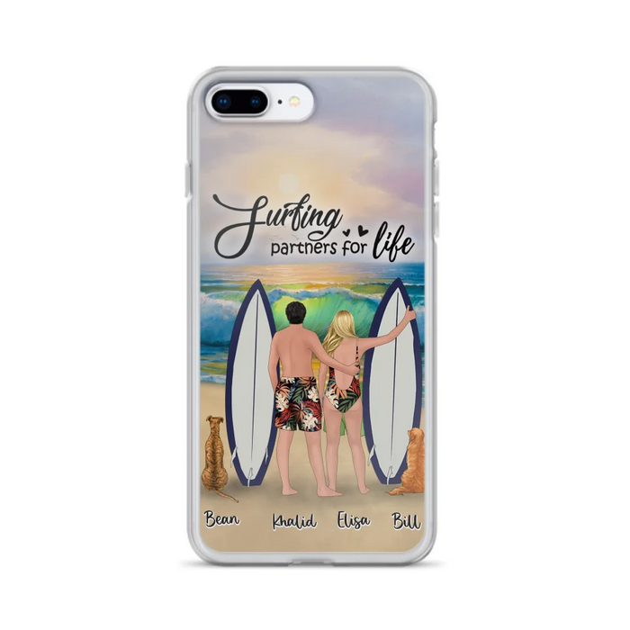 Custom Personalized Surfing Phone Case - Couple And 2 Pets - Phone Case For iPhone and Samsung - Surfing Partners For Life - CCS180