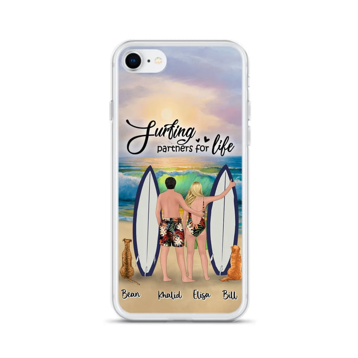 Custom Personalized Surfing Phone Case - Couple And 2 Pets - Phone Case For iPhone and Samsung - Surfing Partners For Life - CCS180