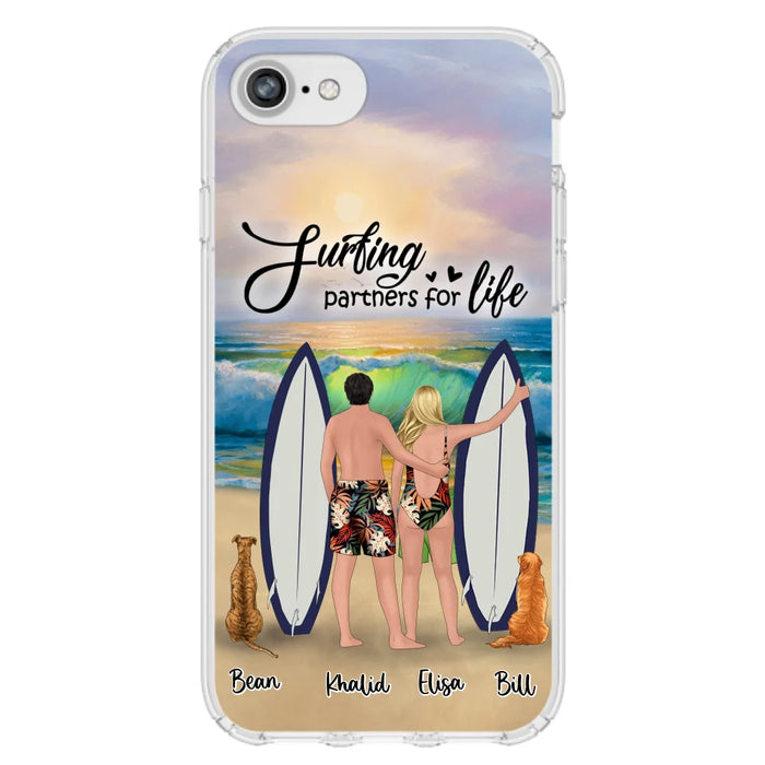 Custom Personalized Surfing Phone Case - Couple And 2 Pets - Phone Case For iPhone and Samsung - Surfing Partners For Life - CCS180