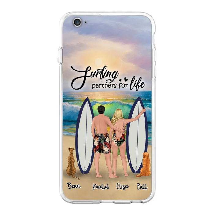 Custom Personalized Surfing Phone Case - Couple And 2 Pets - Phone Case For iPhone and Samsung - Surfing Partners For Life - CCS180