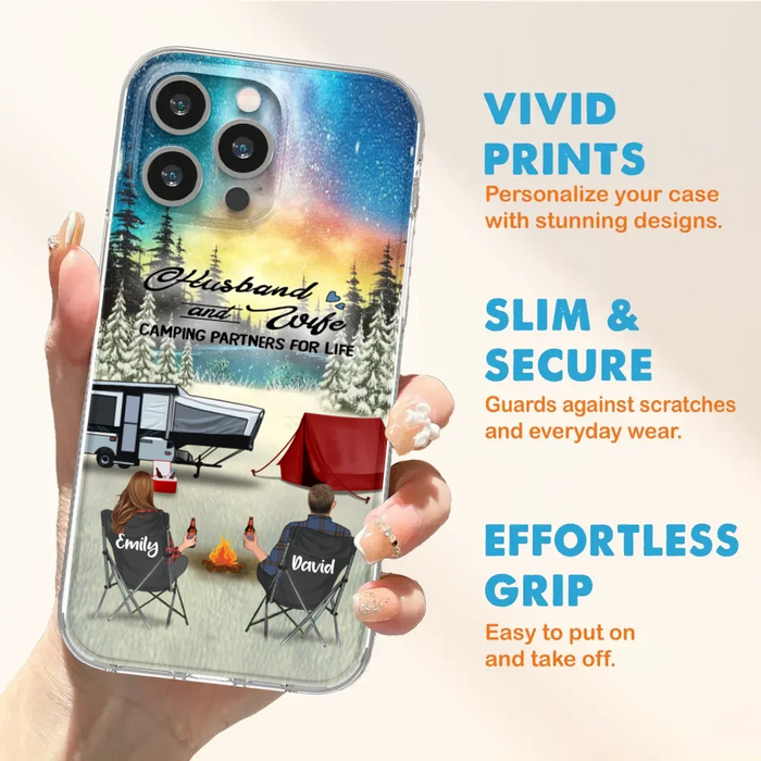 Custom Personalized Camping Xmas Phone Case - Christmas Gift For Camping Family/Couple/Single Parent/Solo - Upto 3 Kids and 4 Pets - Husband And Wife Camping Partners For Life - Case For iPhone And Samsung