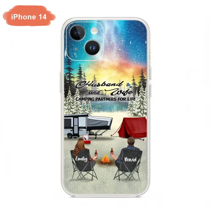 Custom Personalized Camping Xmas Phone Case - Christmas Gift For Camping Family/Couple/Single Parent/Solo - Upto 3 Kids and 4 Pets - Husband And Wife Camping Partners For Life - Case For iPhone And Samsung