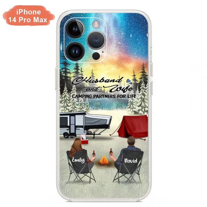 Custom Personalized Camping Xmas Phone Case - Christmas Gift For Camping Family/Couple/Single Parent/Solo - Upto 3 Kids and 4 Pets - Husband And Wife Camping Partners For Life - Case For iPhone And Samsung