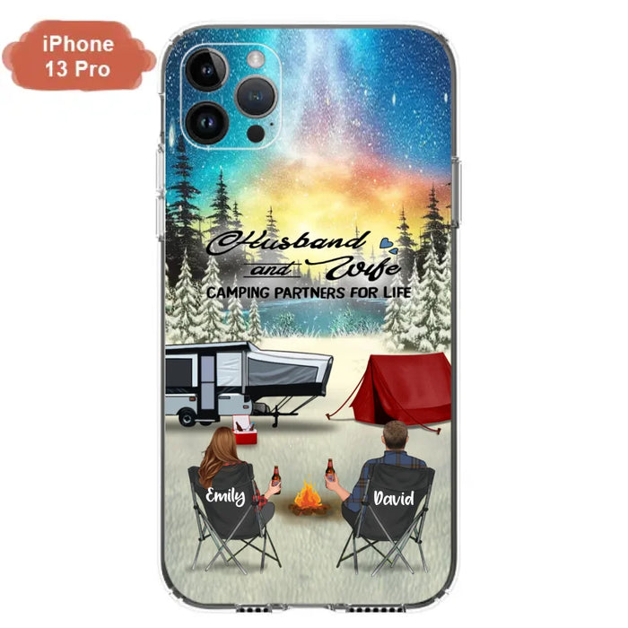 Custom Personalized Camping Xmas Phone Case - Christmas Gift For Camping Family/Couple/Single Parent/Solo - Upto 3 Kids and 4 Pets - Husband And Wife Camping Partners For Life - Case For iPhone And Samsung