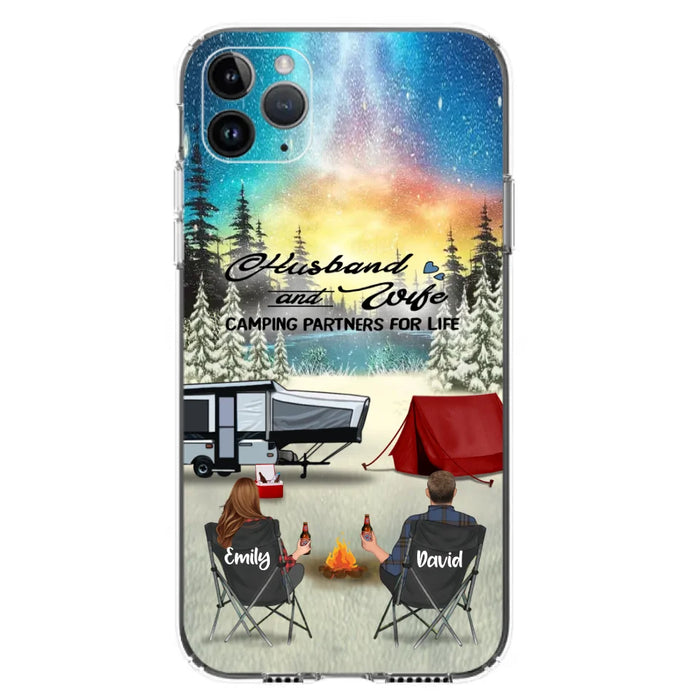 Custom Personalized Camping Xmas Phone Case - Christmas Gift For Camping Family/Couple/Single Parent/Solo - Upto 3 Kids and 4 Pets - Husband And Wife Camping Partners For Life - Case For iPhone And Samsung