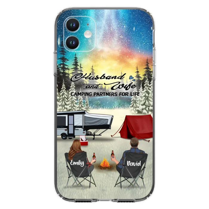 Custom Personalized Camping Xmas Phone Case - Christmas Gift For Camping Family/Couple/Single Parent/Solo - Upto 3 Kids and 4 Pets - Husband And Wife Camping Partners For Life - Case For iPhone And Samsung