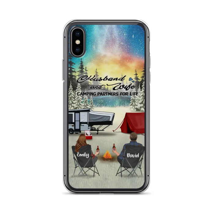 Custom Personalized Camping Xmas Phone Case - Christmas Gift For Camping Family/Couple/Single Parent/Solo - Upto 3 Kids and 4 Pets - Husband And Wife Camping Partners For Life - Case For iPhone And Samsung