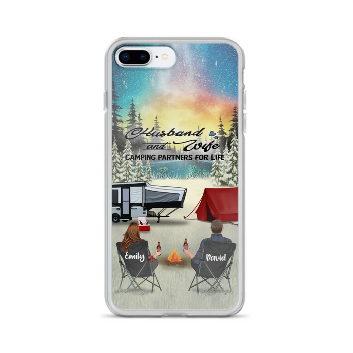 Custom Personalized Camping Xmas Phone Case - Christmas Gift For Camping Family/Couple/Single Parent/Solo - Upto 3 Kids and 4 Pets - Husband And Wife Camping Partners For Life - Case For iPhone And Samsung