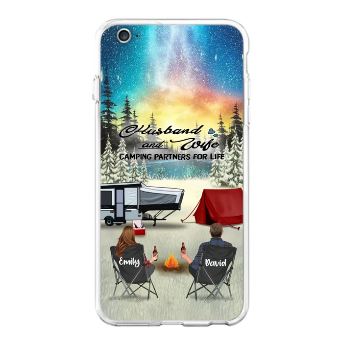 Custom Personalized Camping Xmas Phone Case - Christmas Gift For Camping Family/Couple/Single Parent/Solo - Upto 3 Kids and 4 Pets - Husband And Wife Camping Partners For Life - Case For iPhone And Samsung