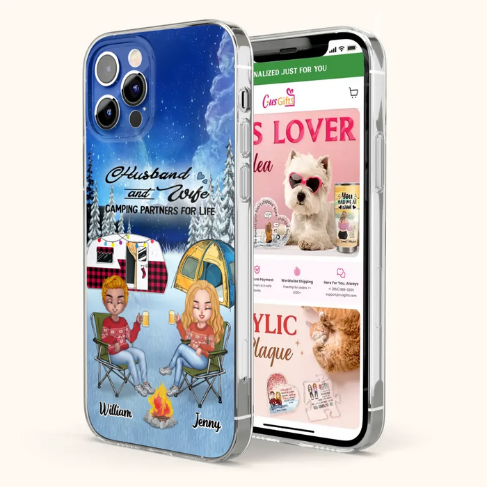 Custom Personalized Camping Couple Xmas Phone Case - Christmas Gift For Couple/ Camping Lover/ Dog Lover - Couple With Upto 4 Dogs - Husband And Wife Camping Partners For Life - Case For iPhone And Samsung