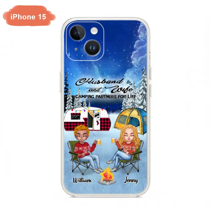 Custom Personalized Camping Couple Xmas Phone Case - Christmas Gift For Couple/ Camping Lover/ Dog Lover - Couple With Upto 4 Dogs - Husband And Wife Camping Partners For Life - Case For iPhone And Samsung