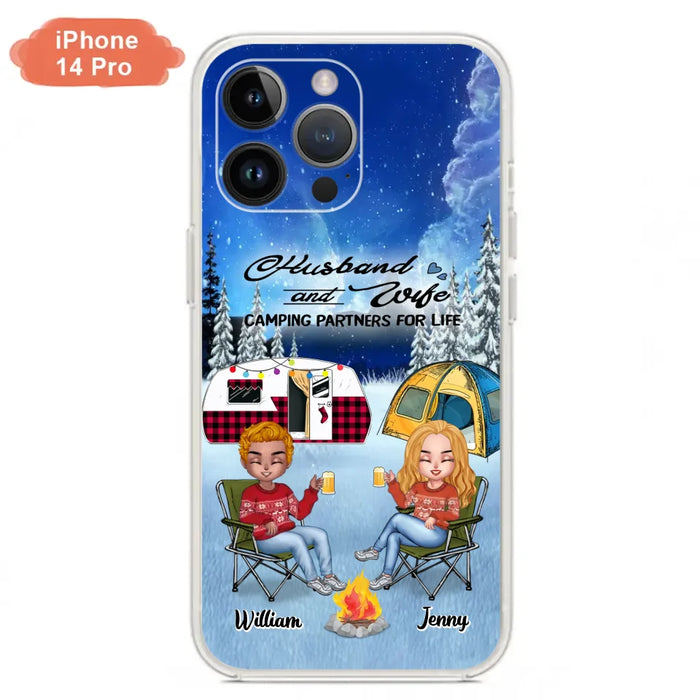 Custom Personalized Camping Couple Xmas Phone Case - Christmas Gift For Couple/ Camping Lover/ Dog Lover - Couple With Upto 4 Dogs - Husband And Wife Camping Partners For Life - Case For iPhone And Samsung