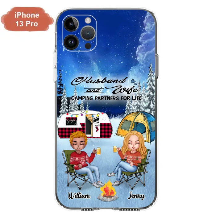 Custom Personalized Camping Couple Xmas Phone Case - Christmas Gift For Couple/ Camping Lover/ Dog Lover - Couple With Upto 4 Dogs - Husband And Wife Camping Partners For Life - Case For iPhone And Samsung