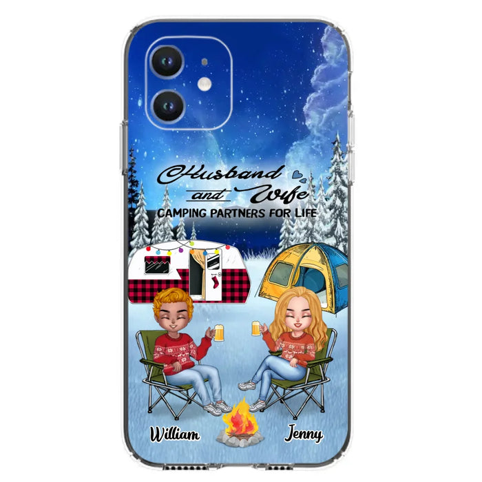 Custom Personalized Camping Couple Xmas Phone Case - Christmas Gift For Couple/ Camping Lover/ Dog Lover - Couple With Upto 4 Dogs - Husband And Wife Camping Partners For Life - Case For iPhone And Samsung