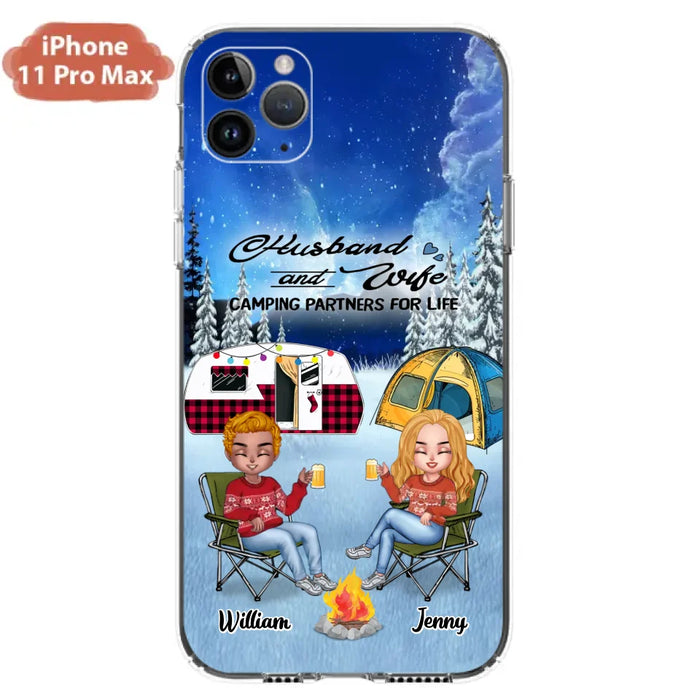 Custom Personalized Camping Couple Xmas Phone Case - Christmas Gift For Couple/ Camping Lover/ Dog Lover - Couple With Upto 4 Dogs - Husband And Wife Camping Partners For Life - Case For iPhone And Samsung