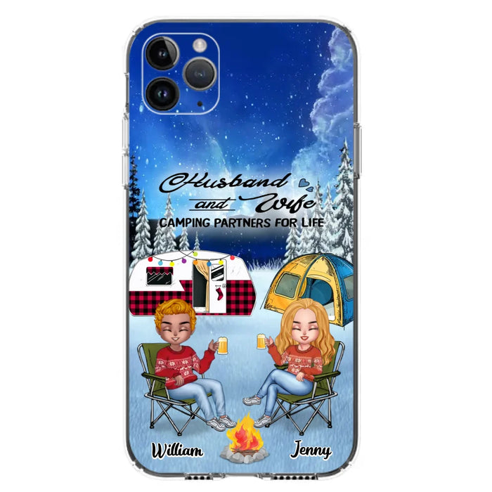 Custom Personalized Camping Couple Xmas Phone Case - Christmas Gift For Couple/ Camping Lover/ Dog Lover - Couple With Upto 4 Dogs - Husband And Wife Camping Partners For Life - Case For iPhone And Samsung