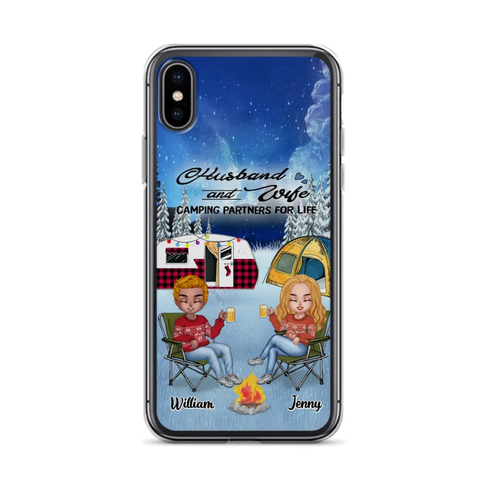 Custom Personalized Camping Couple Xmas Phone Case - Christmas Gift For Couple/ Camping Lover/ Dog Lover - Couple With Upto 4 Dogs - Husband And Wife Camping Partners For Life - Case For iPhone And Samsung