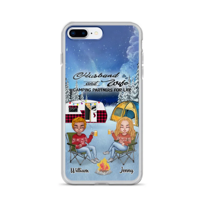 Custom Personalized Camping Couple Xmas Phone Case - Christmas Gift For Couple/ Camping Lover/ Dog Lover - Couple With Upto 4 Dogs - Husband And Wife Camping Partners For Life - Case For iPhone And Samsung